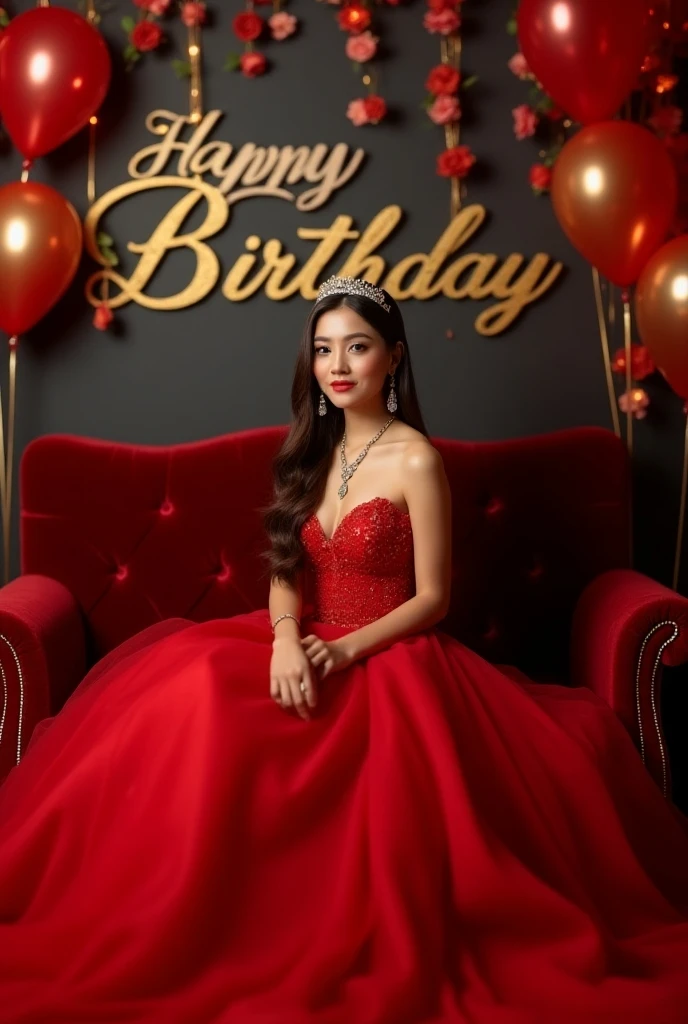 Real Pinay women beautiful  straight hair semi Chubby fat with red Ballgown with name wall  "Happy Birthday Che Che"with flowers baloons butterflies 
