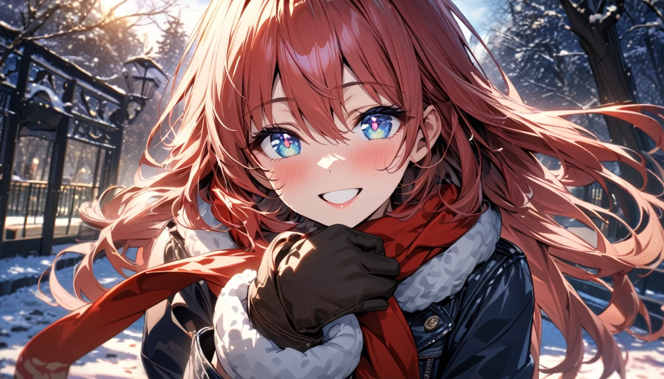 vibrant colors, girl, masterpiece, sharp focus, best quality, depth of field, cinematic lighting, multicolored hair, red hair, pink hair, blue eyes, thighhighs, white thighhighs, fur jacket, black footwear, smile, snow, bow, ponytail, skirt, blush, long sleeves, breasts,