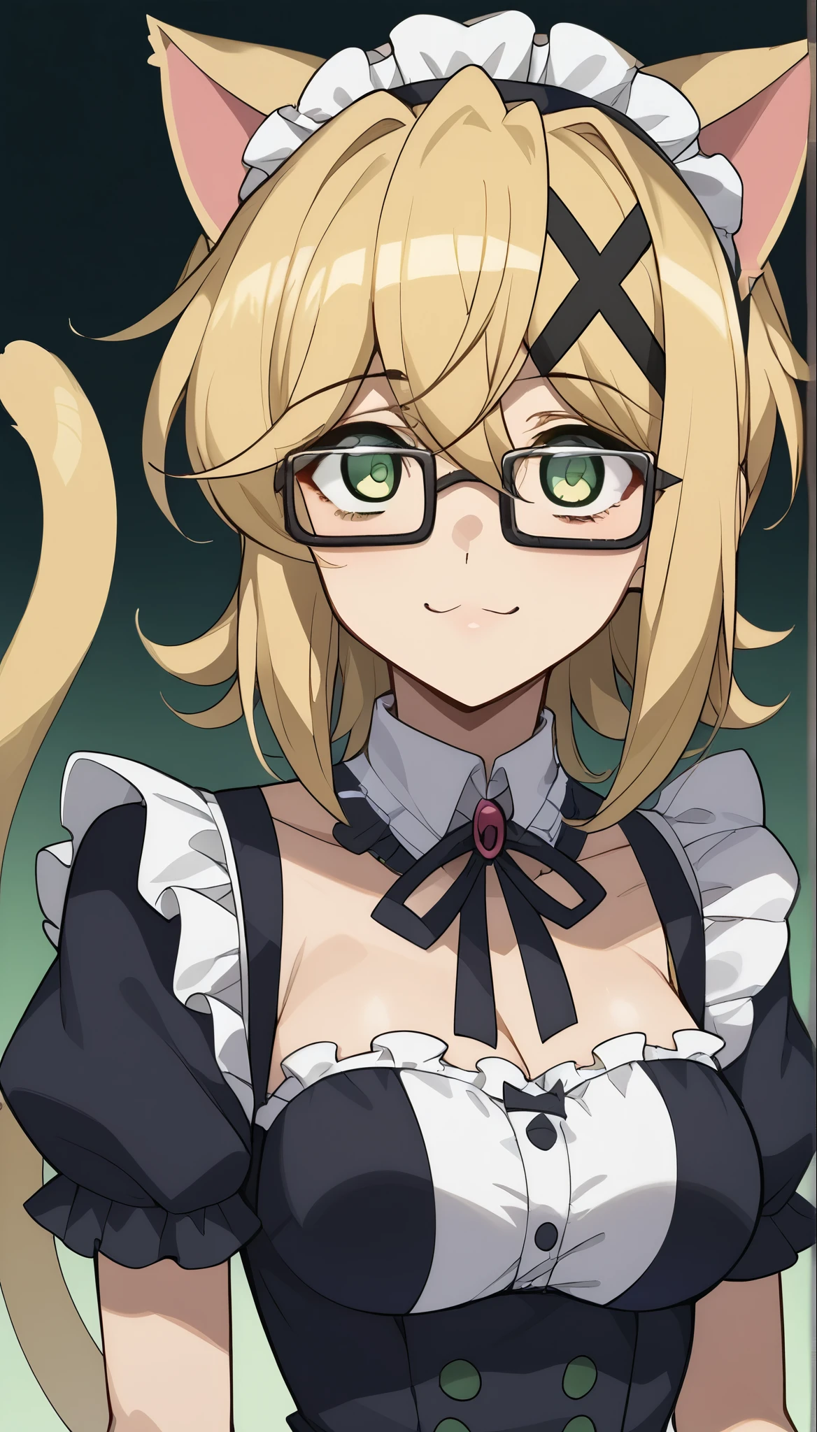 1 girl、akatsuki kirika、blonde hair、green eyes、Shiny Hair、medium breasts x hair ornament、Tight waist、Small waist、Glowing Skin、Gothic maid、Glasses、Cat ears、Cat_tail、eight-headed body、Beauty、Light smile、Shame、