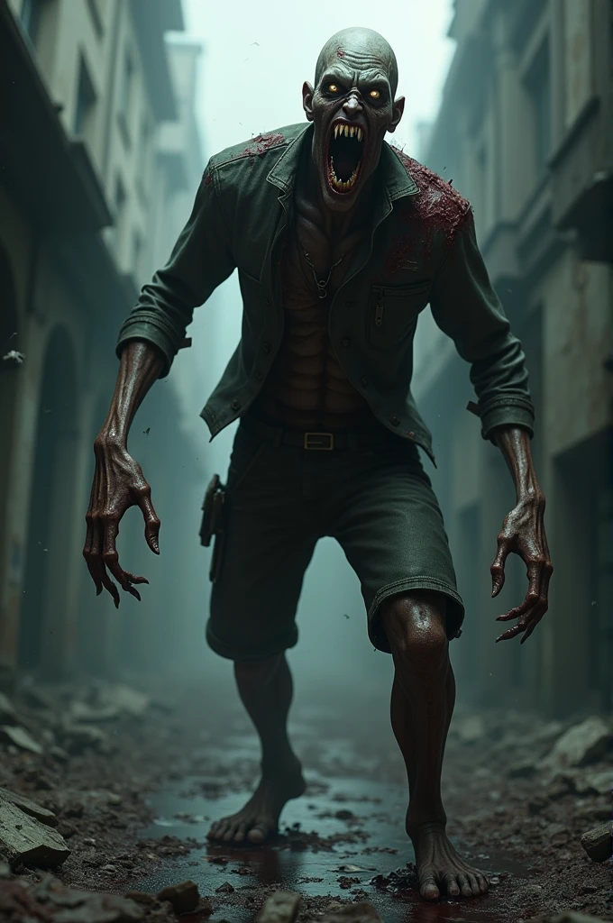 High resolution, masterpiece, high quality, Crying Engine, Ghoul, torn skin, White, thin hair, Blue Denim Jeans, Attack, Looking Camera,Muddy, Back alley at night, Midnight, full moon, Dark atmosphere,Spooky lighting,Multiple zombies,Exhaustion