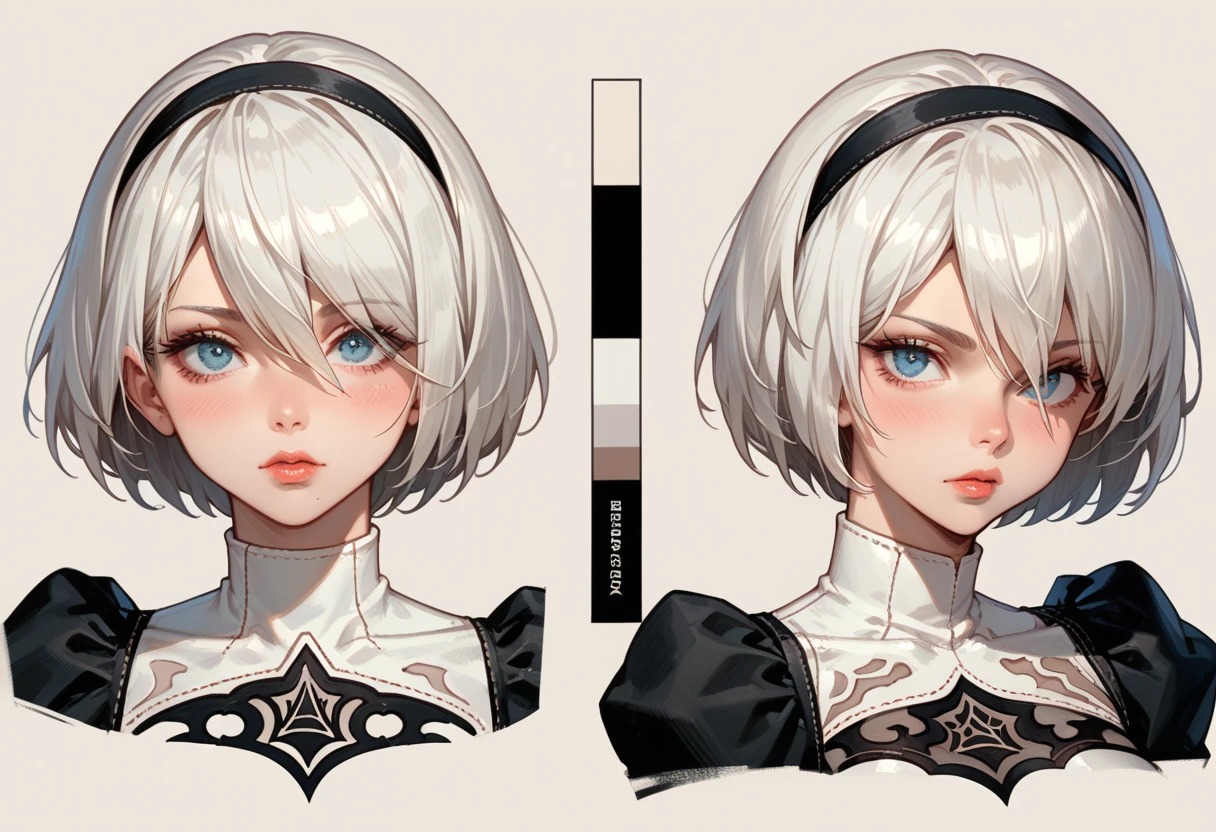 character sheet desing 2b from nier automata, only head. beauty face, perfect proportion, beauty, ultra detailed face. view: front and left. (only head view) 2 views