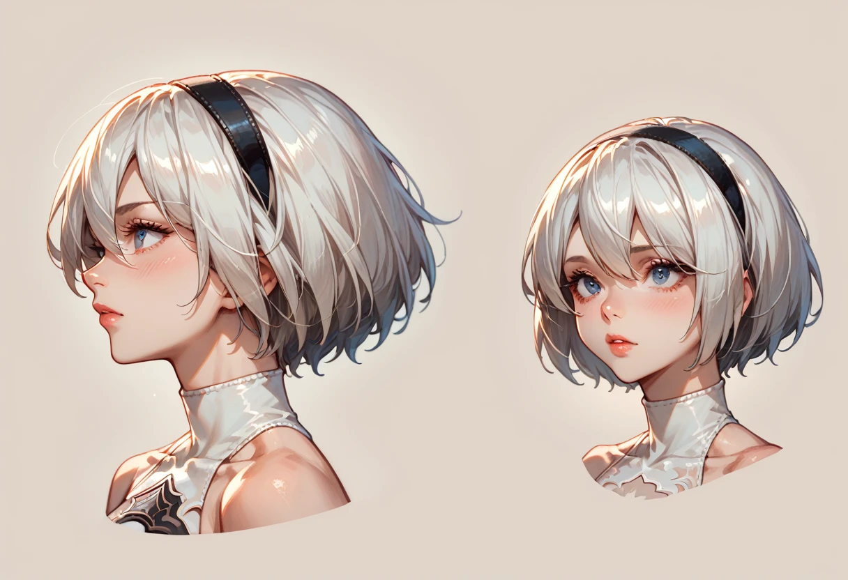 character sheet desing 2b from nier automata, only head. beauty face, perfect proportion, beauty, ultra detailed face. view: front and left view profile . (only head view) 2 views