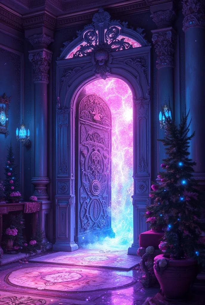 A surreal apartment entrance featuring a mystical door leading to another dimension, surrounded by ethereal light and vibrant colors, with intricate details on the door and a whimsical atmosphere, fantasy art style,Portal to Another Dimension