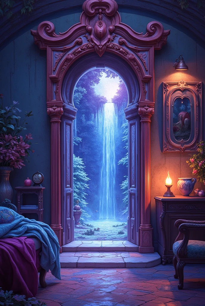 A surreal apartment entrance featuring a mystical door leading to another dimension, surrounded by ethereal light and vibrant colors, with intricate details on the door and a whimsical atmosphere, fantasy art style,Portal to Another Dimension