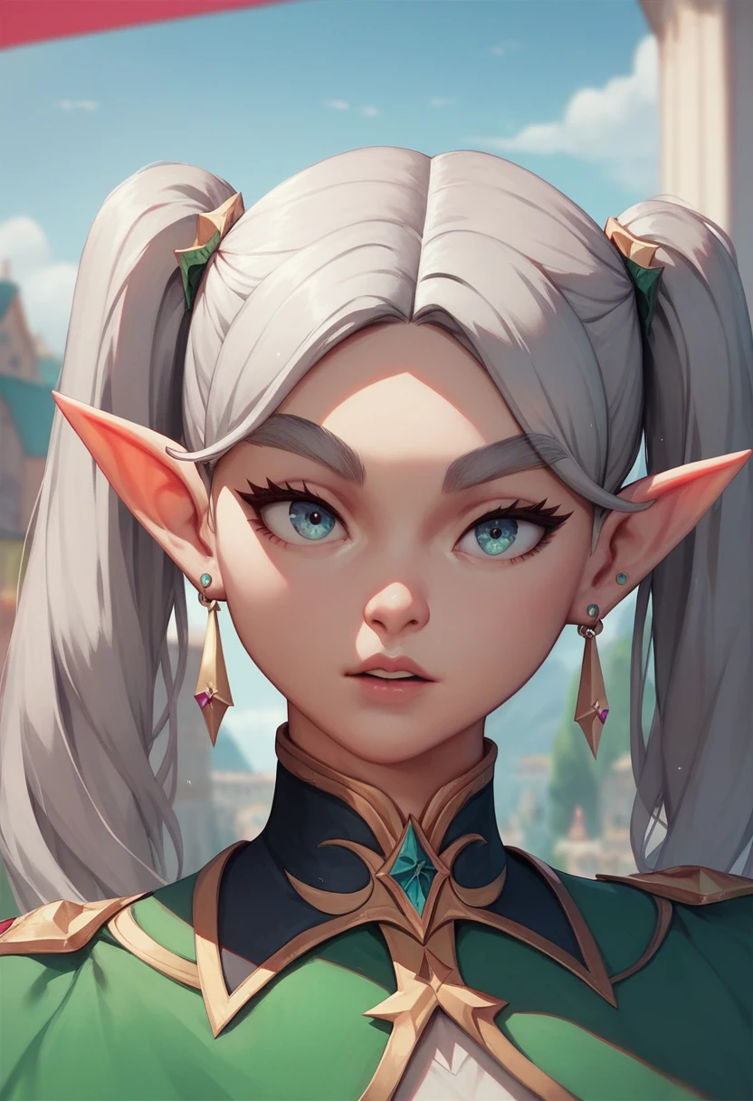 (16k,  super quality, masterpiece), (freeze, pointy ears, elf, earrings, twintails, parted bangs, grey hair, thick eyebrows), fast_No_freeze_style,