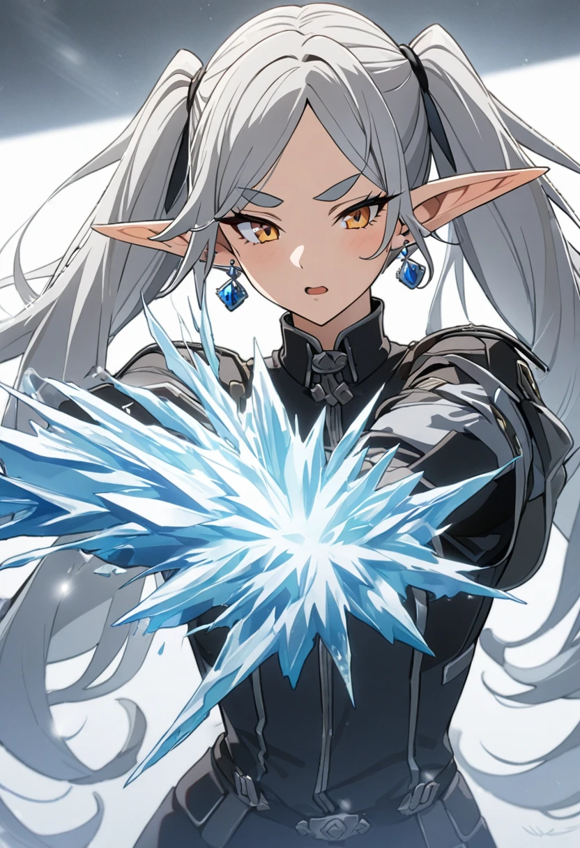 (16k,  super quality, masterpiece), (freeze, pointy ears, elf, earrings, twintails, parted bangs, grey hair, thick eyebrows), fast_No_freeze_style,