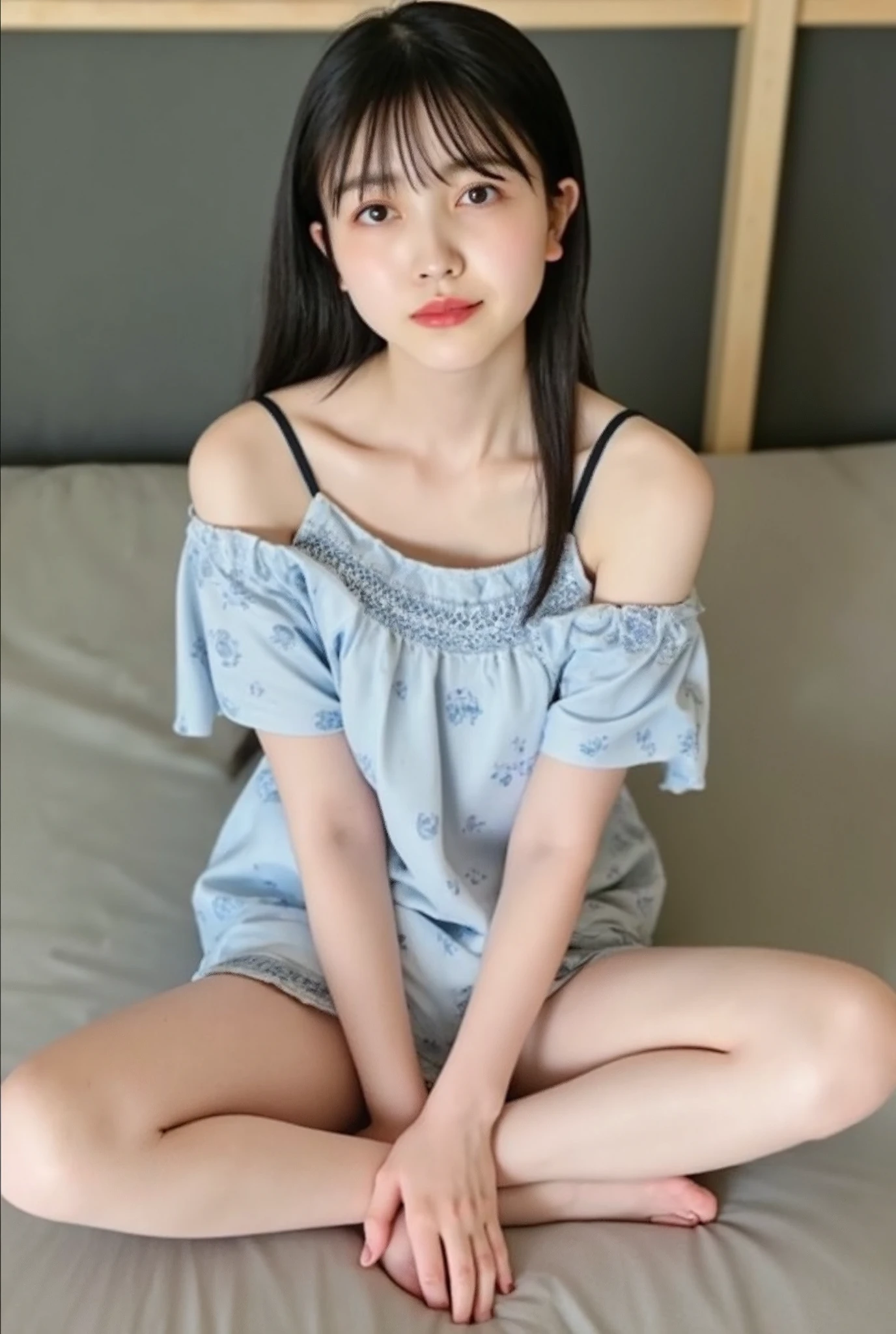 Full body shot from the front、Wear off-the-shoulder mini one-piece pajamas, bend your knees, spread your legs, take a cross-legged pose, and sit while looking at me, Slender bare legs 、smile、The background is a monotone 

