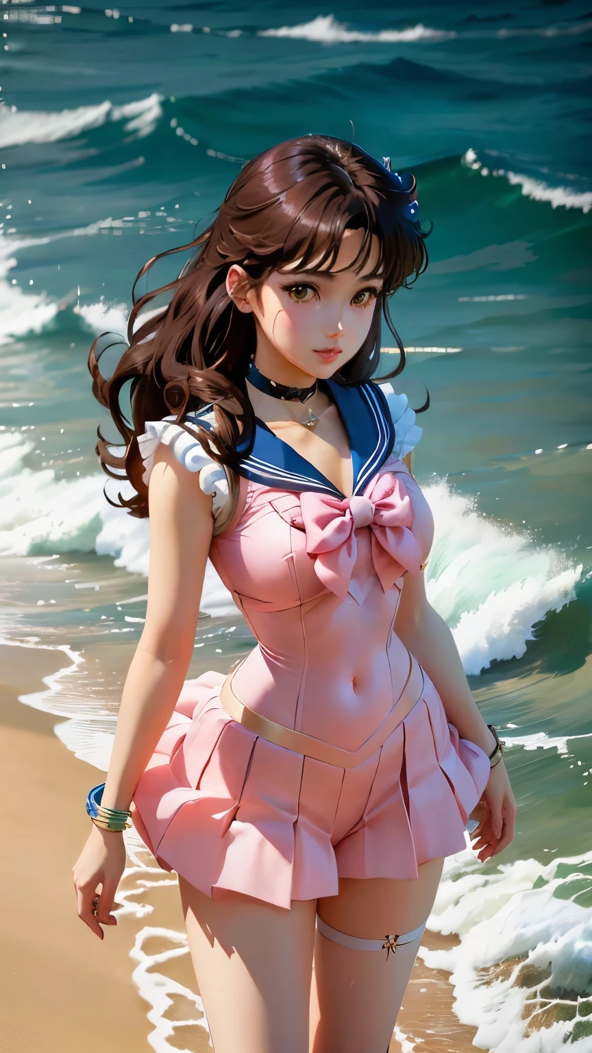 sailor girl in pink clothes standing on the beach, Sailor Jupiter. beautiful, anime painter studio 製, drawn at Anime Painter Studio, portrait of a knight of the zodiac , Ilya Kuvshinov and artgerm , 80s anime art style, Makoto Shinkai and artgerm, Official Art, artgerm と ilya kuvshinov