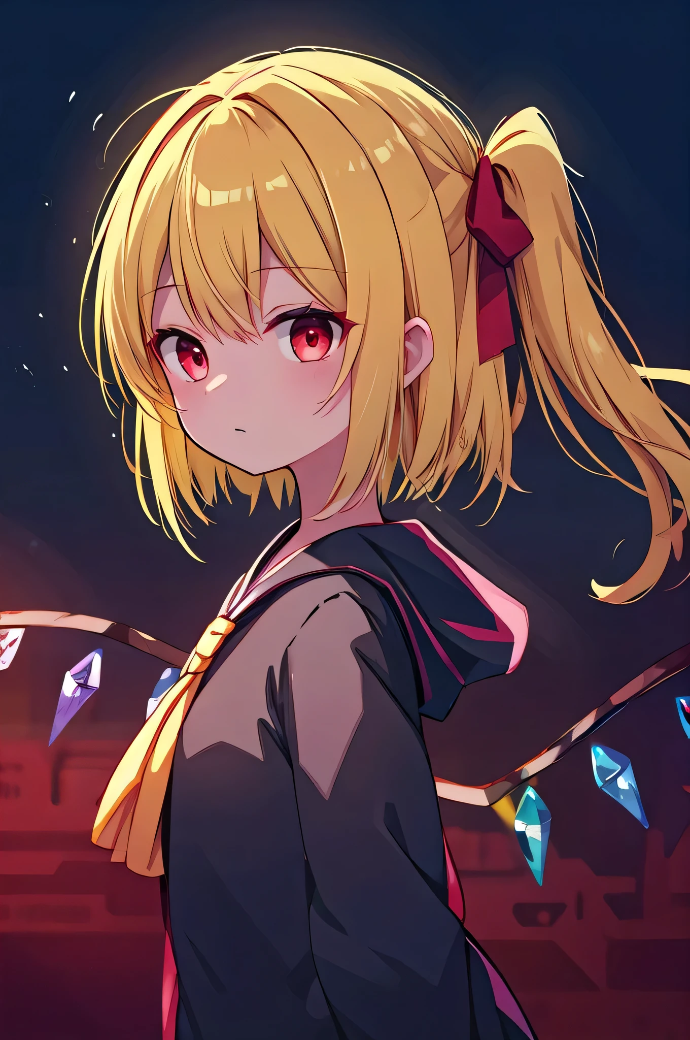  detailed background, masterpiece, Best Quality, Expressive、whole body、１Alone、１By people、１Only people、only girl、Flandre Scarlett, , Yellow hair on the third tail、Red eyes、Blonde、Short Hair、 Short Hair、 about the age of a female college student、Oriental Project、Red glowing eyes、slim、Wearing black clothing、Shadow Body、 colorful background、Disheveled Hair、Stop it, stop it、Oblique angle、viewed from the back、from behind、 focus on faces、Focus on the face、