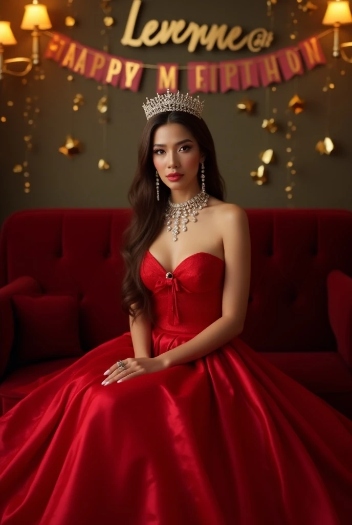 Create a thumbnail image for a TV show called "The Bachelorette." The image should prominently feature a red rose as a central element. Include a woman in an elegant dress (color of your choice) holding a red rose, set against a backdrop that suggests a formal event or a romantic setting. The overall design should be eye-catching and vibr