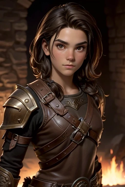 Viking, young warrior, age 18, short brown hair and brown eyes with leather armor. No background, no scenery. 