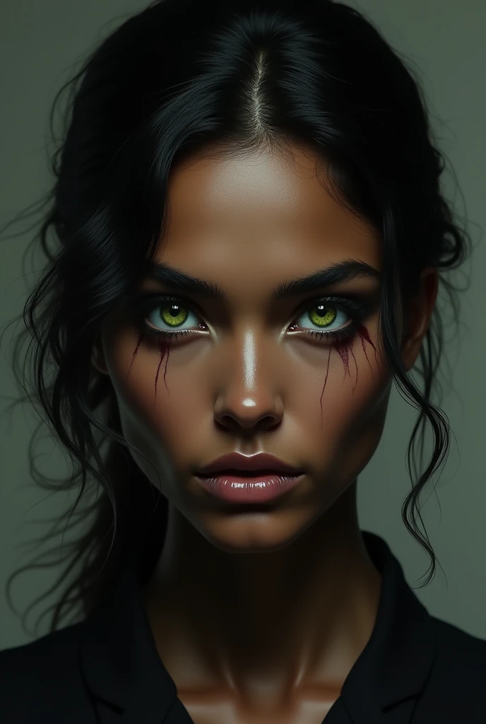 Create an image of a woman with alien skin, a mixture of human and dark-skinned, and yellowish eyes that contrast with her thick, dark eyebrows. Black, wavy hair swept back, leaving only a few strands falling to the sides of her face. Strong physical build and broad shoulders.