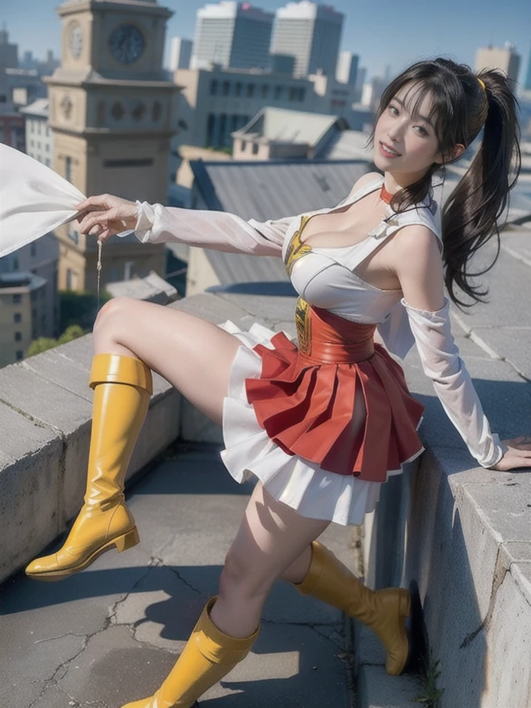 masterpiece, best quality,  mary marvel, white cape, red dress, red skirt, long sleeves, bracer, large breasts, looking at viewer, cityscape, rooftop, cleavage、 (between breasts), yellow boots, ponytail、アクション・ペインティング, 