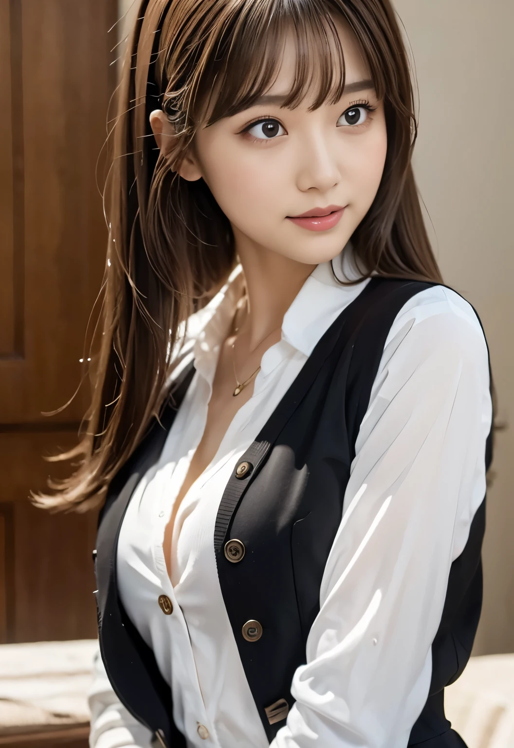 1 pretty girl,white skinned,brown hair,looking at viewer,pony tail, happy smile, black suit, dynamic