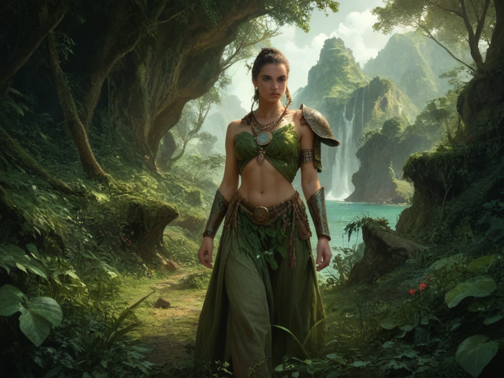 A powerful woman dressed in ancient Amazonian armor stands in a lush, mystical island setting resembling Themyscira. She is surrounded by nature, with green mountains and the ocean in the background, exuding strength and a sense of responsibility.