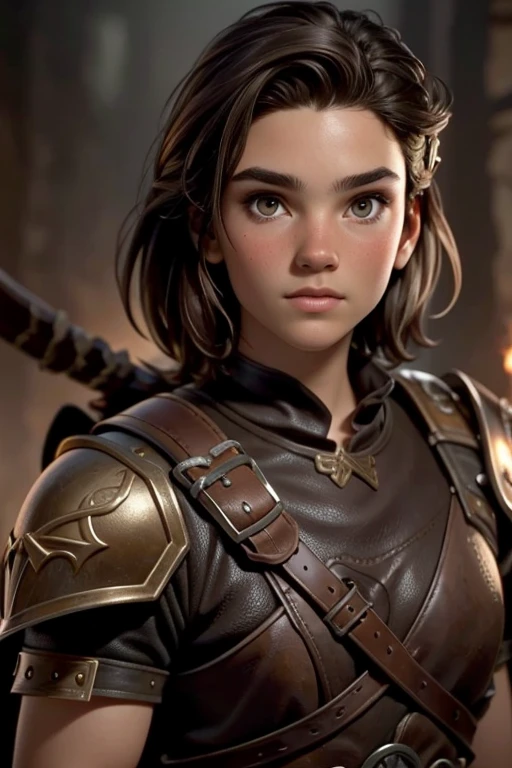 Viking, young warrior, age 18, short brown hair and brown eyes with leather armor. No background, no scenery. 