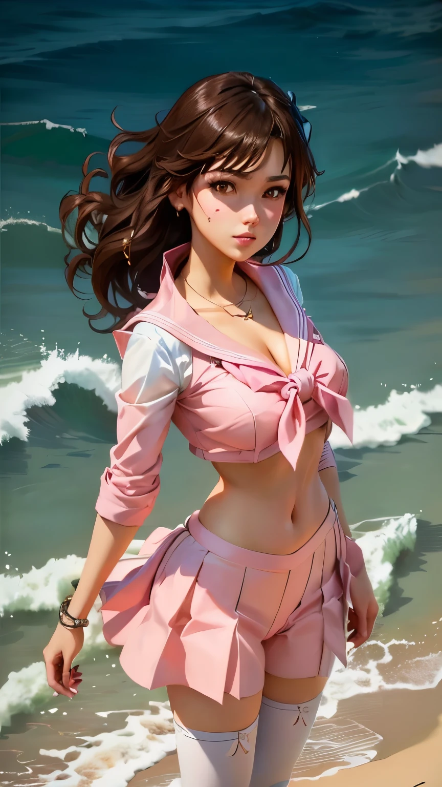 sailor girl in pink clothes standing on the beach, Sailor Jupiter. beautiful, anime painter studio 製, drawn at Anime Painter Studio, portrait of a knight of the zodiac , Ilya Kuvshinov and artgerm , 80s anime art style, Makoto Shinkai and artgerm, Official Art, artgerm と ilya kuvshinov