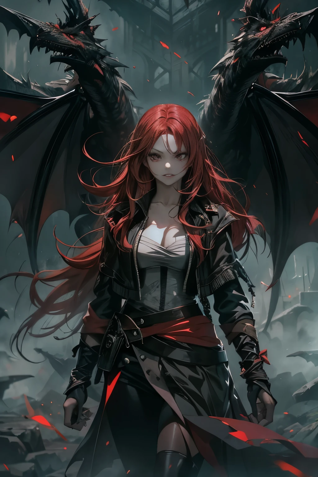 a young woman with long disheveled red hair,detailed red eyes,sharp teeth,tattered rags,torn clothes,rags,malevolent smile,walking through misty valley,dark fantasy scene,malicious piercing eyes,large red dragon wings,(best quality,4k,8k,highres,masterpiece:1.2),ultra-detailed,),concept art,gothic,dramatic lighting,cinematic,dark moody colors,muted tones,dramatic atmosphere