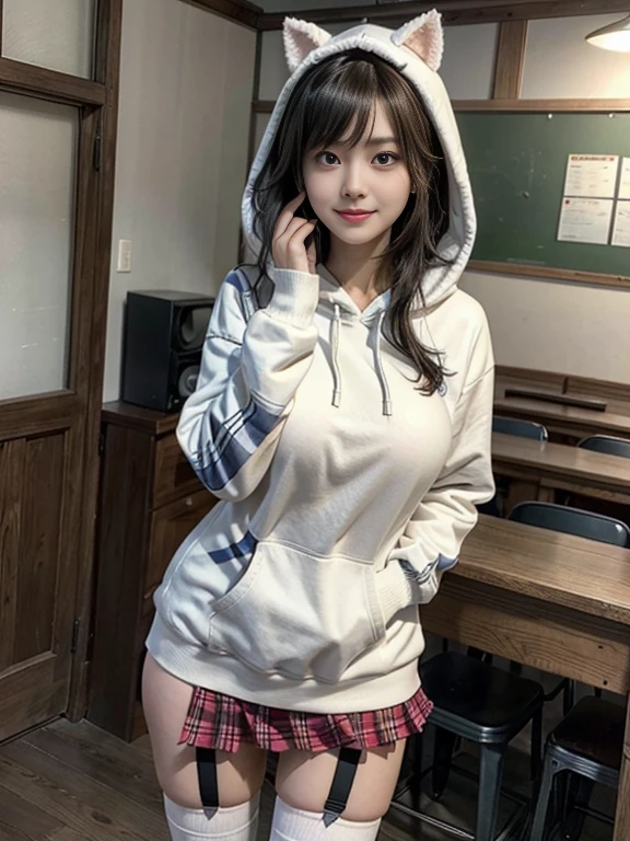 The cutest girl who works as a gravure idol goes to a snowy park、with shiny brown hair、(White panties 1.5)、she is seductive in tiny panties、(Showing off her white panties 1.5)、standing position、she is seductive in sweatshirt hoodie、(short sweatshirt hoodie 1.5)、slender body、Navel exposed、 beautiful skin, Attractive thighs、cowboy shot、She smiled shyly.、Facing the camera in a professional pose。her fashion and expressions、The perfect balance of cuteness and elegance、draw the viewer in、'Don't let go.。through this scene、express her charm to the fullest、