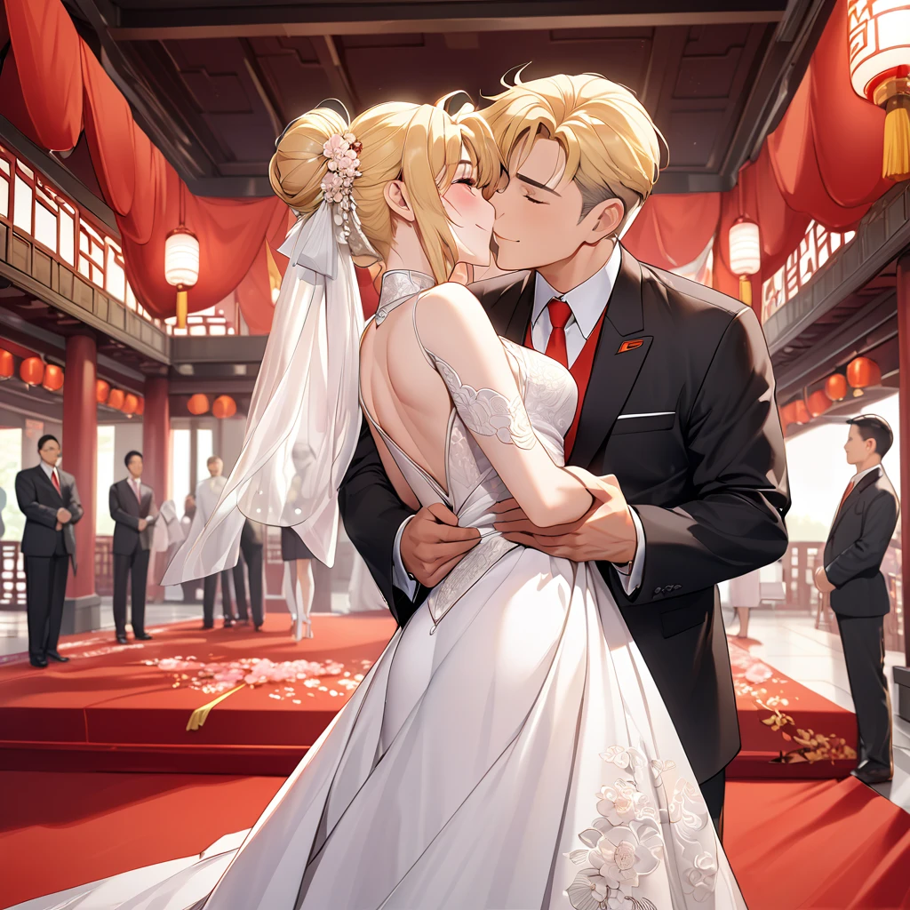 The woman who is a member of the Chinese Communist Party physically and mentally is a beautiful blond Fate Testarossa, wears a Chinese bridal dress, pledges absolute loyalty and love to a great Chinese Communist Party executive man, hugs them, kisses a vow, and loves each other at a wedding、((Best Quality)), ((masterpiece)), ( Details), （ perfect face）,The woman is a Fate Testarossa with excellent proportions and is finished as a woman wearing a Chinese bridal gown in a Chinese mansion 、The woman is smiling gently