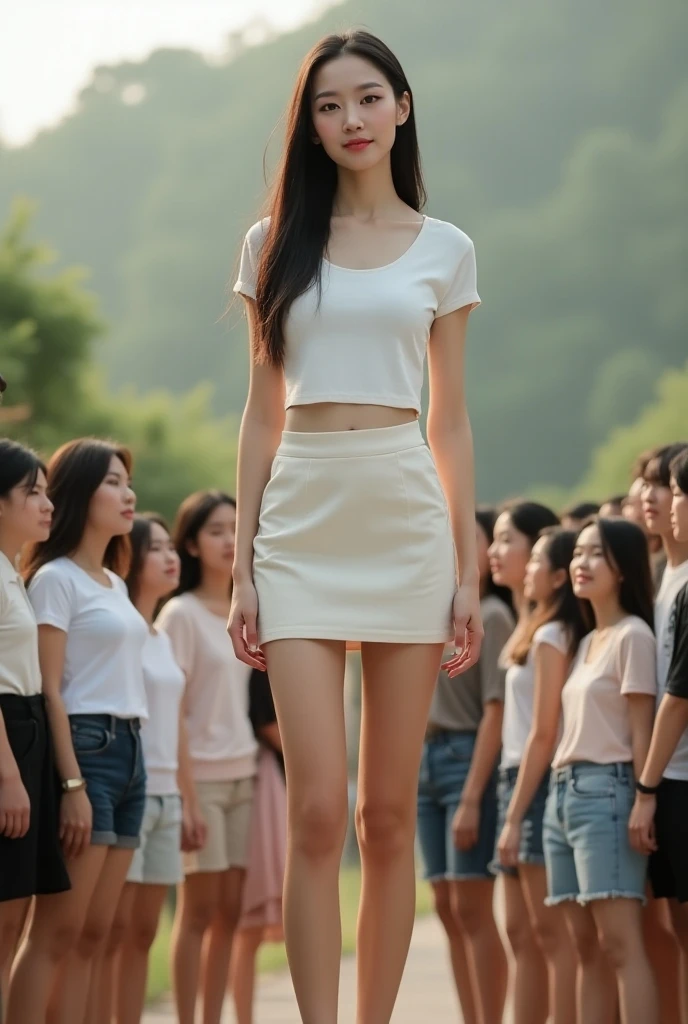 Highly detailed CG Unity 8k wallpaper, top quality, super detailed, masterpiece, realistic, photorealistic, very detailed cute girl, 20 years old, (skirt lift), (skirt lift), ((skirt lift by yourself)), (no panties:1.3), crotch focused, blush, parted lips, looking viewer, semi-body shot, wearing a ruffled shirt, (crowd), (crowd), dull bangs, shaved, no underwear