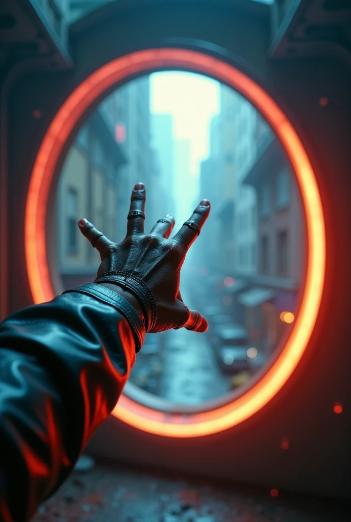 photorealistic of a single arm dive through a circular portal, make difference image of the arm before the portal as wearing a leather jacket and the arm after the portal wearing futuristic armor design, dramatic light and highly detailed, shows ballistic effect in gradation movement color, kaleidoscopic time to time, intricate detailed, dramatic lighting