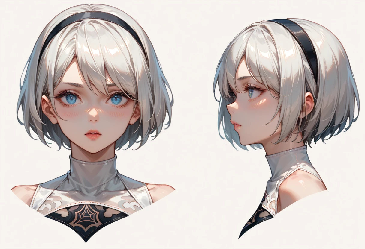 character sheet desing lady 2b from nier automata, only head. beauty face, perfect proportion, beauty, ultra detailed face. view: front view and orthogonal side view . (only head view) 2 views. beauty eyes. orthogonall views, no perspetive only orthogonal views. straight head, orthogonal view. symmetry. only 2 views. 
