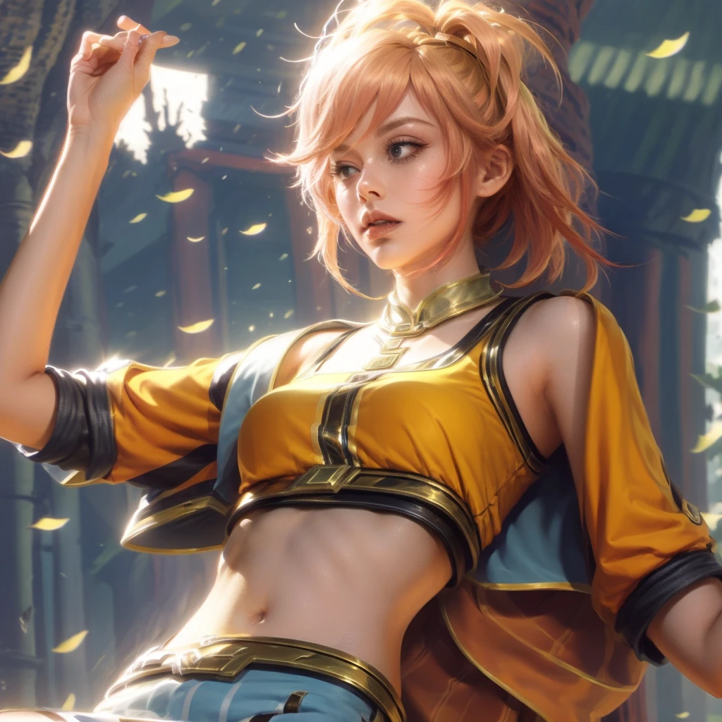 a woman with a yellow top and blue shorts holding a sword, portrait knights of zodiac girl, orianna, extremely detailed artgerm, senna from league of legends, league of legends character, style artgerm, trending artgerm, artgerm style, lux from league of legends, ! dream artgerm, lux, artgerm lau, kda