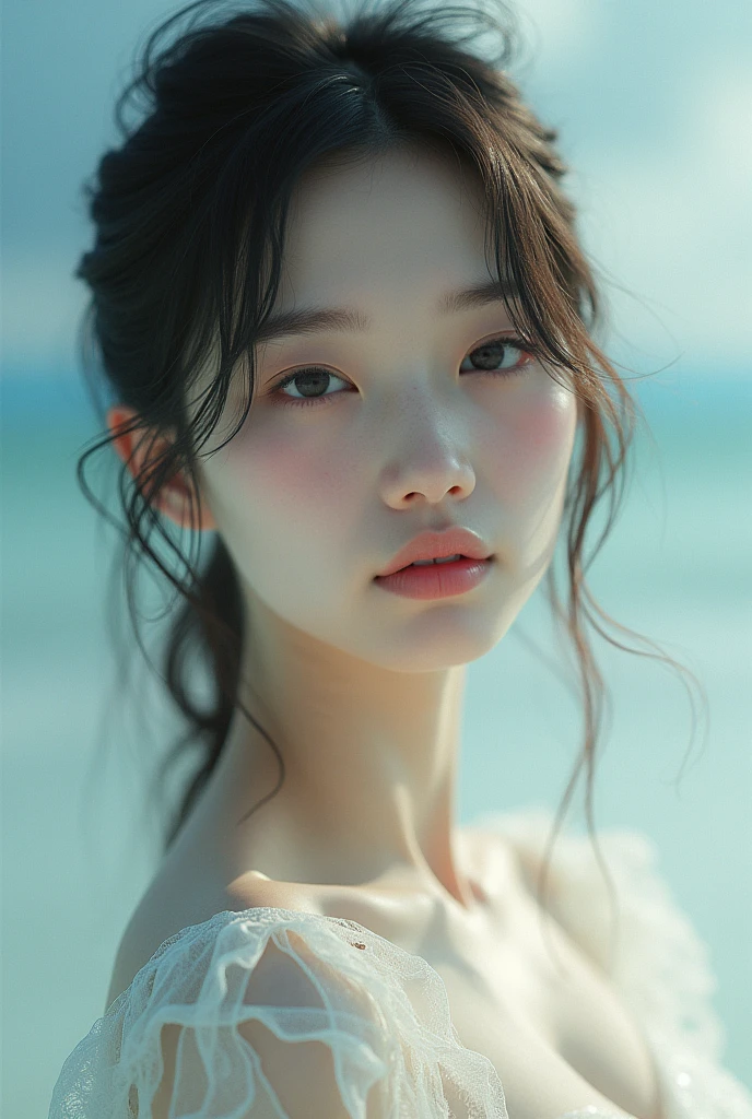 hightquality、masterpiece、超A high resolution、((Asian beauty face))、Beautiful adult woman、a closeup、Thin makeup、ssmile、Light brown short-cut hair、Small necklace、White sleeveless shirt、Cloudy seaside、Rough seas、cloudiness、strong breeze、black clouds、