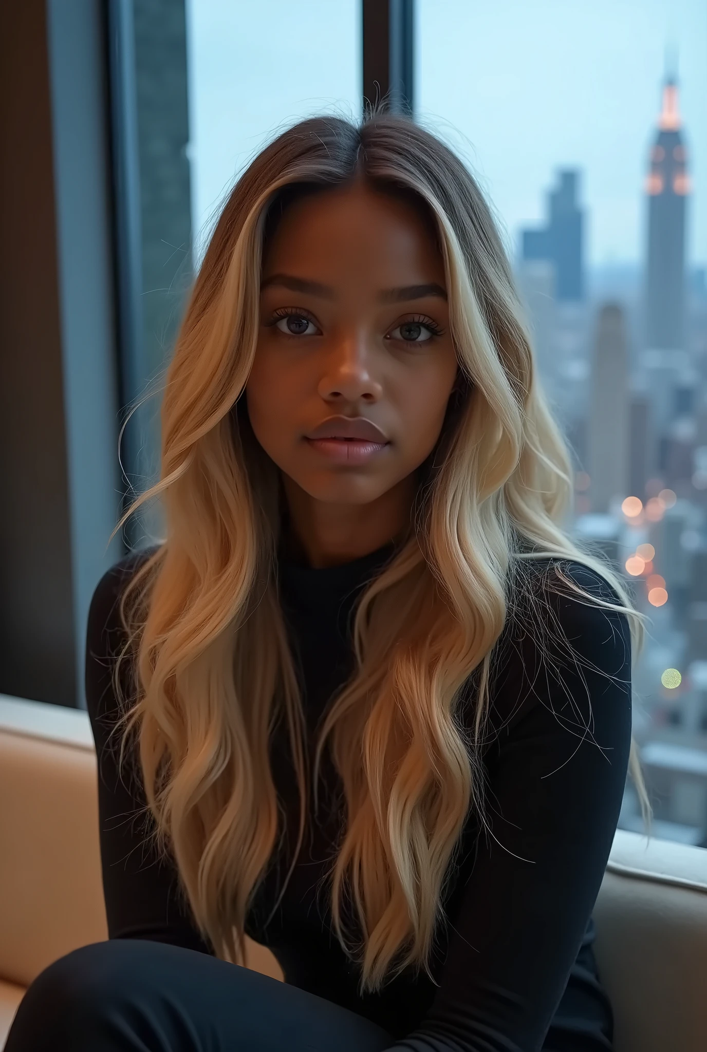 hyper realistic portrait of skai Jackson, dark skinned black girl, 19 years old, with long blonde hair and brown eyes. She should have a natural, approachable expression and be lit by soft, blue light, canon eos r5, raw format, sitting on a modern sofa in a modern marble penthouse, background is detailed and luxurious living room, full body, panoramic window view of the New York skyline