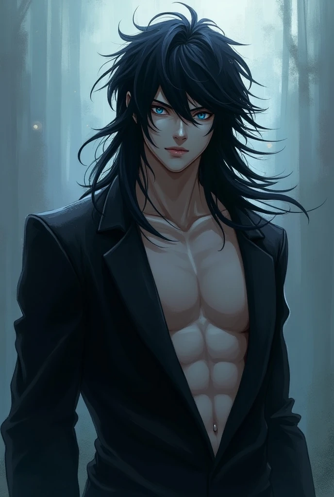 shirtless Anime guy with black hair cat ears dark skin and green eyes