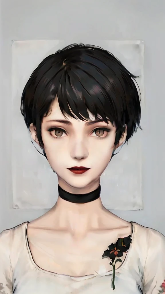 1 girl, very Short hair, tomboy Pixie haircut, black hair, red eyes, black lipstick, black lipstick, face portrait, black choker,flower, front face, bedroom, front face, face portrait, bangs,