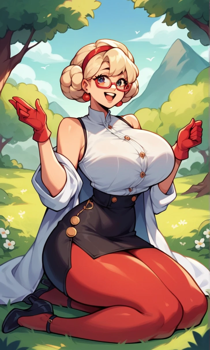 score_9, score_8_up, score_7_up, score_6_up, score_5_up, score_4_up, (source_anime), purah,
1girl,  huge breasts, narrow waist, thick thighs,  hair ornament, red headband, red glasses, sleeveless shirt, white coat, black skirt, red leggings, gloves, high heels, outdoors, happy,