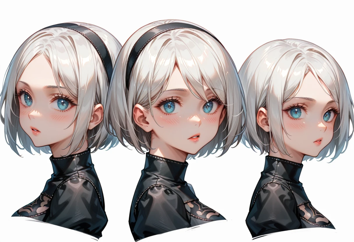 character sheet desing lady 2b from nier automata, only head. beauty face, perfect proportion, beauty, ultra detailed face. view: front view and orthogonal side view . (only head view) 2 views. beauty eyes. orthogonall views, no perspetive only orthogonal views. straight head, orthogonal view. symmetry. only 2 views. no hair (bald) 