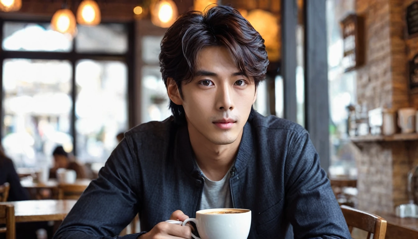 Photoreal, 8K portrait, Handsome, 22 year old male, attractive look, Detailed facial details, Tokyo, Inside a stylish room,have a drink