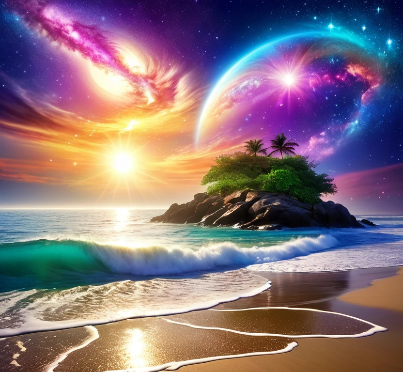 Cosmic beauty, colours of love, sand and sea, the love of nature and beauty of the sky, slipping through the ethers where fantasy meets reality, magic is so beautiful and sparkly, full of light and gorgeous sunlight, the sun rises in bliss and joy.