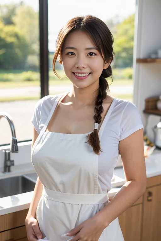 (8k, RAW photo, photorealistic, HQ, masterpiece), a cute Japanese woman, (glowing eyes), 
(shy Smile:1.4), fluffy single braid, (apron), medium breasts, 
(at white Kitchen), Depth of field rally background, backlighting, 