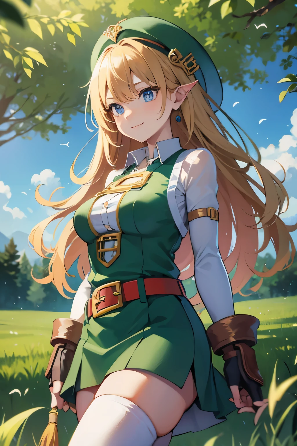 (masterpiece), best quality, expressive eyes, perfect face, highres, (female body:1.3),1 girl, solo, ootLink girl, hat, long hair, blonde hair, (green tunic), belt, fingerless gloves, boots, field, grass, trees, landscape, depth of field, smiling, standing, upper body portrait, looking at the viewer, from frontal,