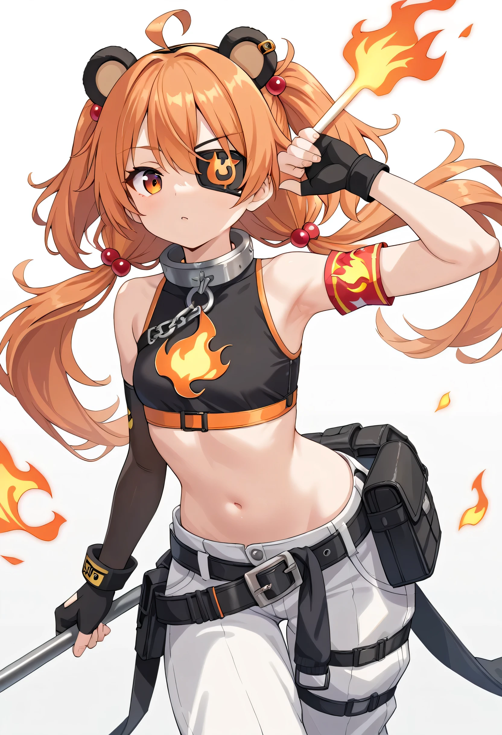 appearance: koleda, orange eyes, eyepatch, orange hair, ahoge, long hair, two-side up, low twintails, black bobbles, hair bobbles, fake bear ears, metal collar

outfit: crop top, sleeveless, flame print, asymmetrical gloves, fingerless gloves, jumpsuit around waist, loose belt, belt pouch, white pants, metal armbands, single elbow glove