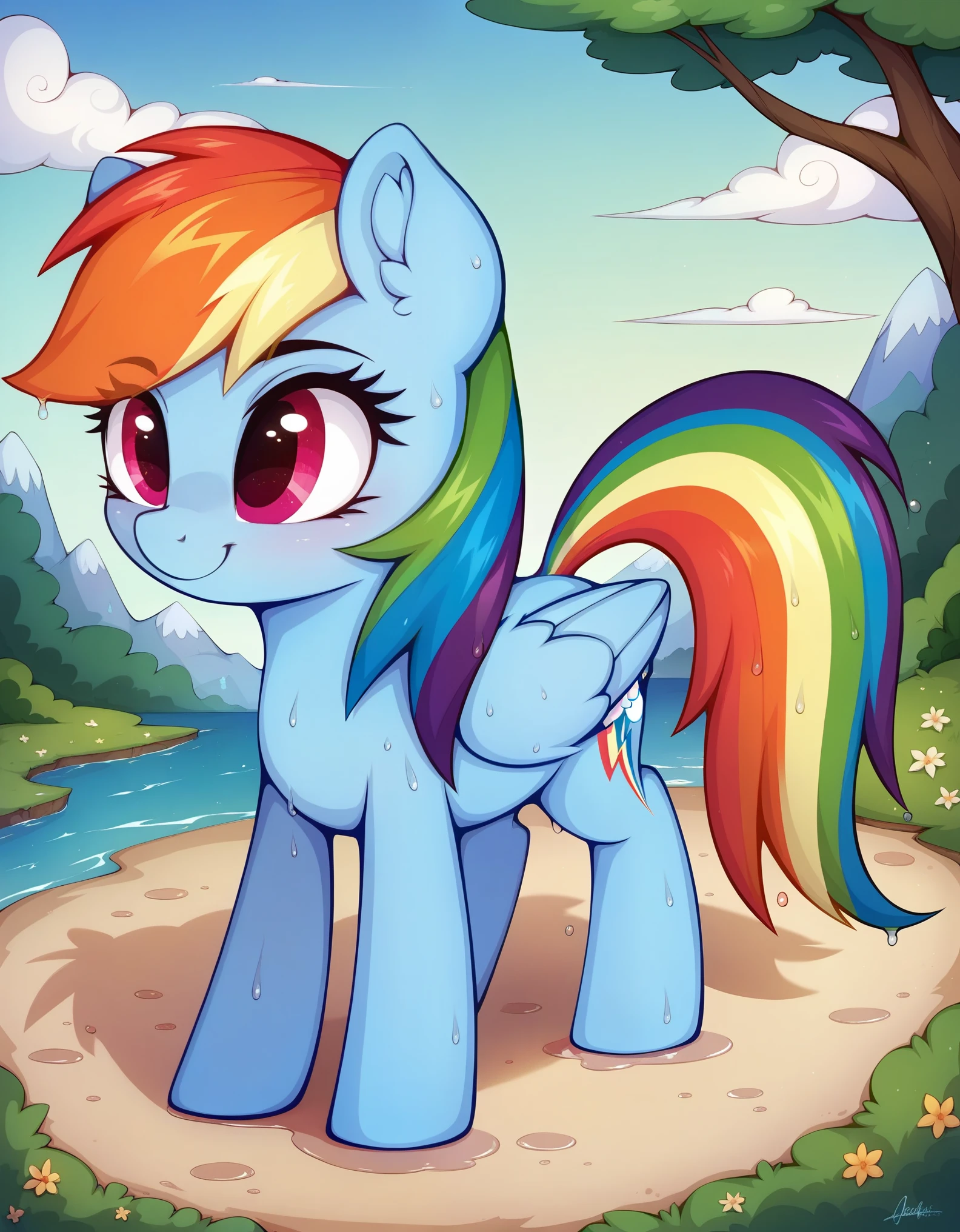 score_9, score_8_up, score_7_up, (masterpiece)), ((best quality), (high detailed), (beautiful), 1girl, feral, rainbow dash, smile, one character, mlp, pony, my little pony, horse, wet, all fours, (full body shoot), detailed hair, detailed fur, by hioshiru, by rattatatus78,,