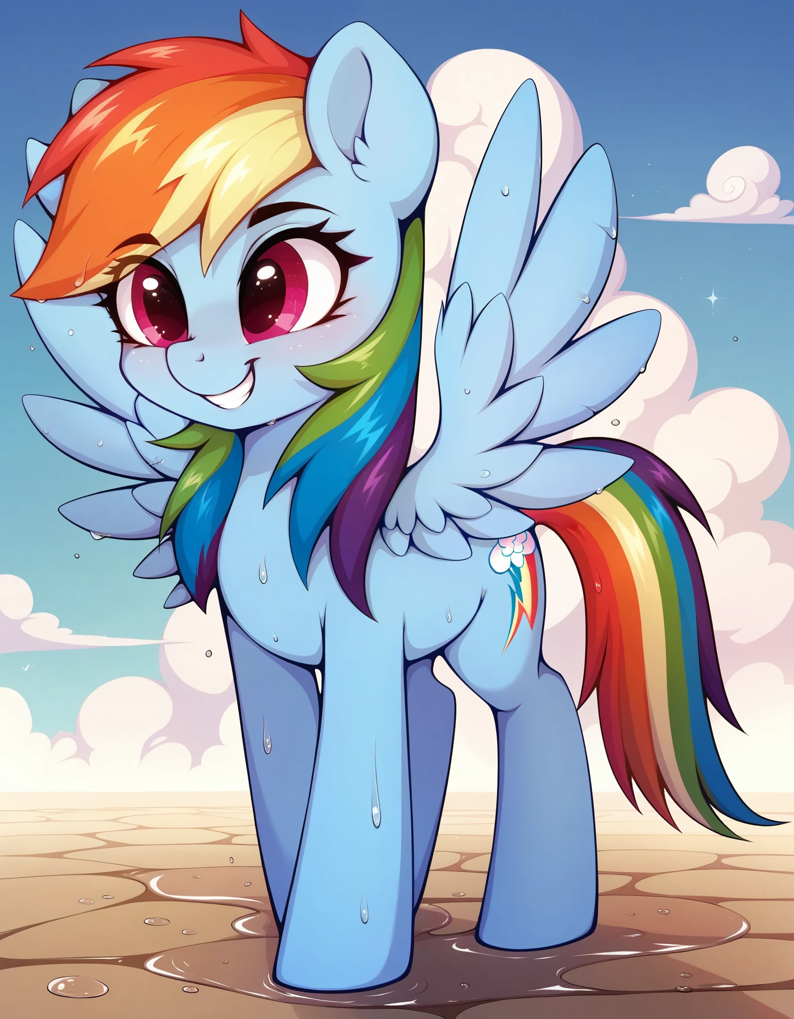 score_9, score_8_up, score_7_up, (masterpiece)), ((best quality), (high detailed), (beautiful), 1girl, feral, rainbow dash, smile, one character, mlp, pony, my little pony, horse, wet, all fours, (full body shoot), detailed hair, detailed fur, by hioshiru, by rattatatus78,,