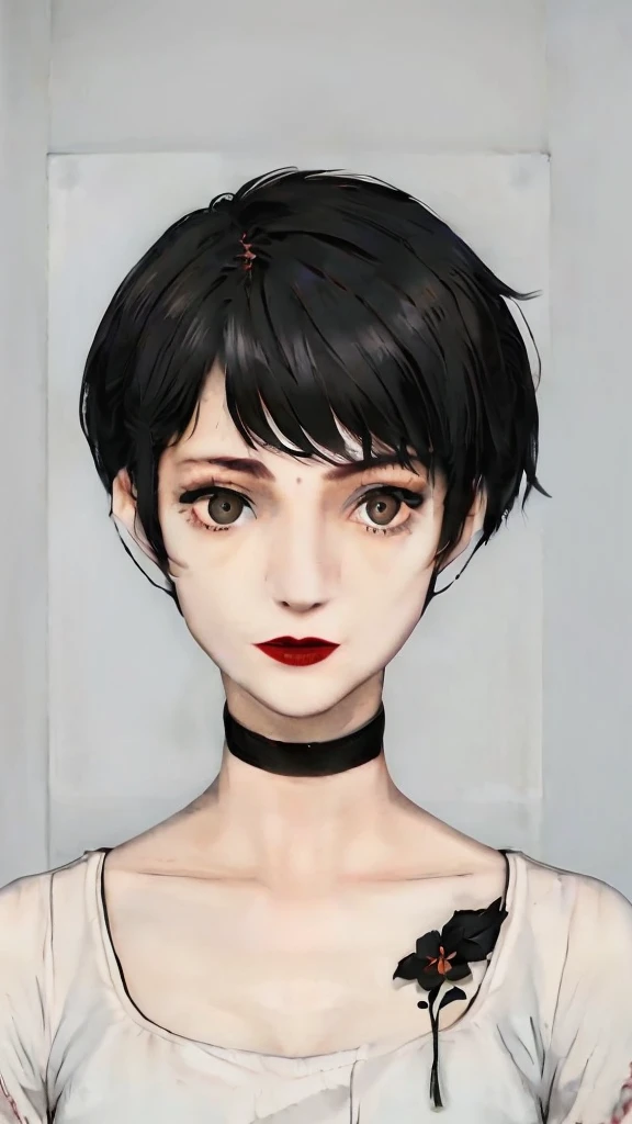 1 girl, very Short hair, tomboy Pixie haircut, black hair, red eyes, black lipstick, black lipstick, face portrait, black choker,flower, front face, bedroom, front face, face portrait, bangs,