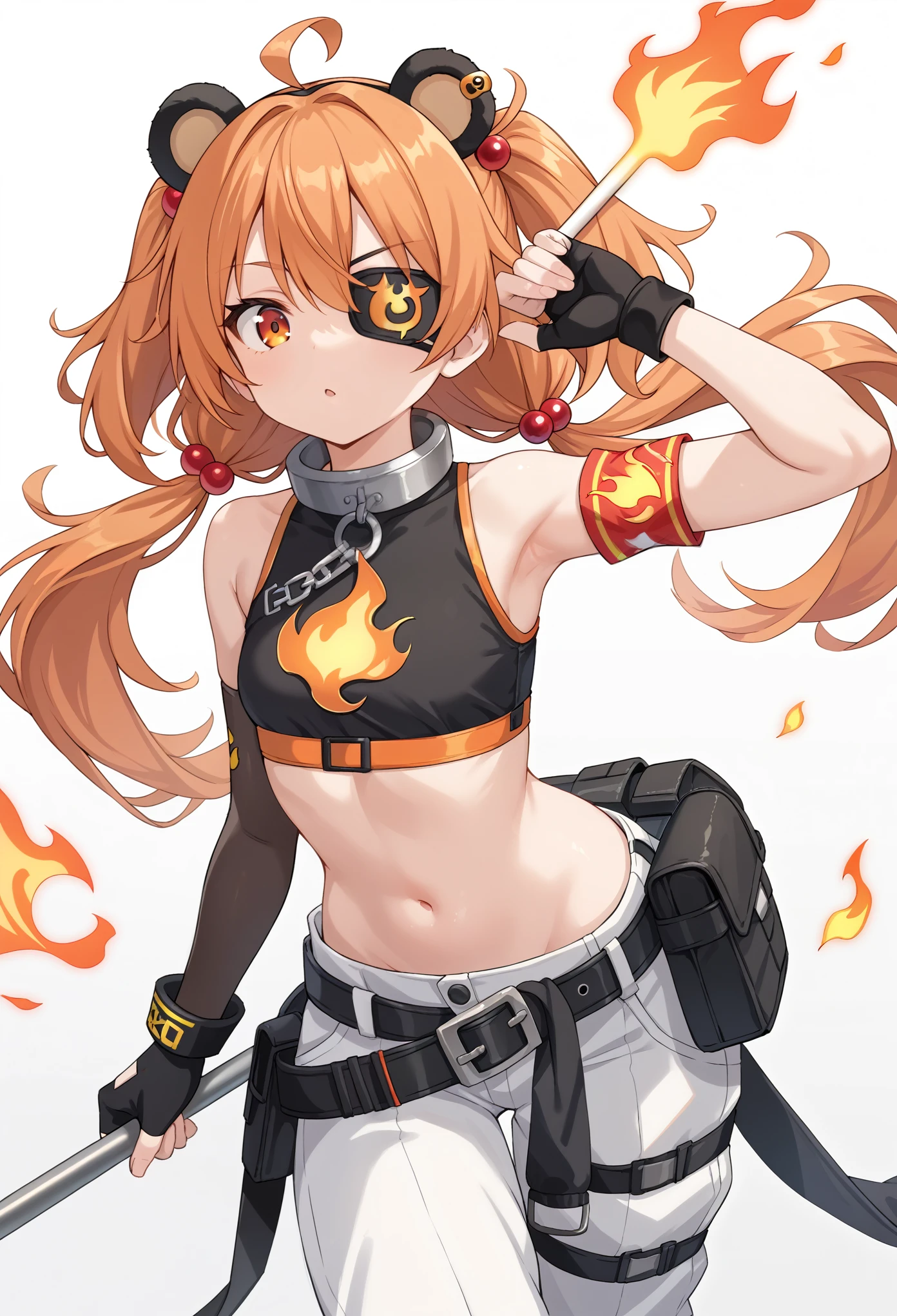 appearance: koleda, orange eyes, eyepatch, orange hair, ahoge, long hair, two-side up, low twintails, black bobbles, hair bobbles, fake bear ears, metal collar

outfit: crop top, sleeveless, flame print, asymmetrical gloves, fingerless gloves, jumpsuit around waist, loose belt, belt pouch, white pants, metal armbands, single elbow glove