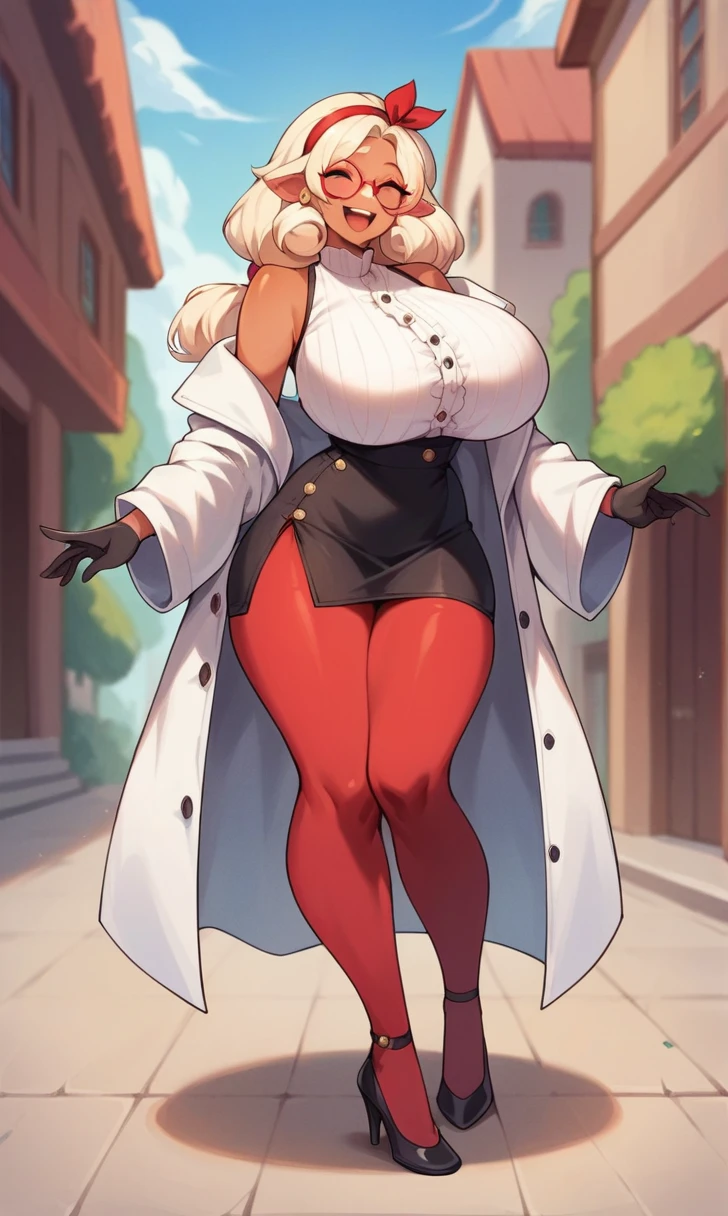 score_9, score_8_up, score_7_up, score_6_up, score_5_up, score_4_up, (source_anime), purah,
1girl,  huge breasts, narrow waist, thick thighs,  hair ornament, red headband, red glasses, sleeveless shirt, white coat, black skirt, red leggings, gloves, high heels, outdoors, happy,