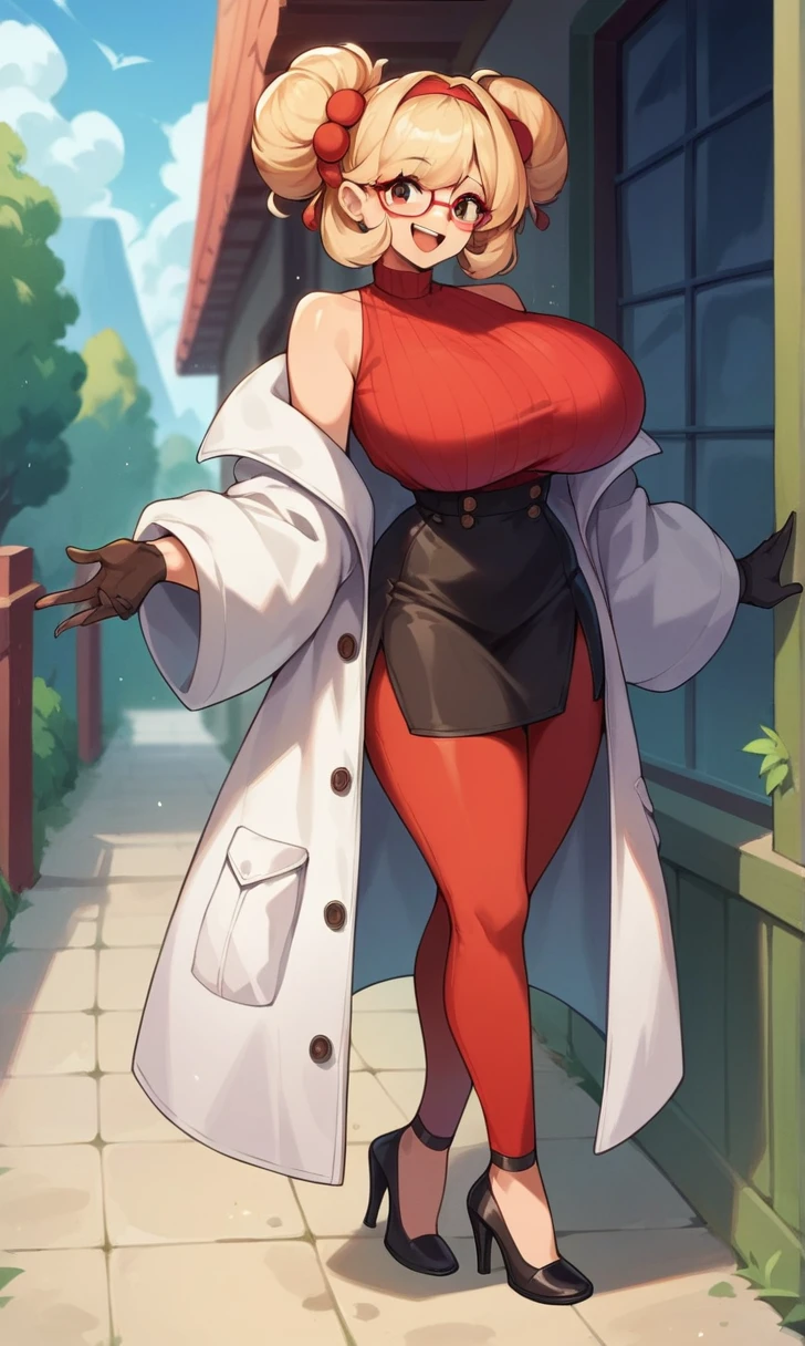 score_9, score_8_up, score_7_up, score_6_up, score_5_up, score_4_up, (source_anime), purah,
1girl,  huge breasts, narrow waist, thick thighs,  hair ornament, red headband, red glasses, sleeveless shirt, white coat, black skirt, red leggings, gloves, high heels, outdoors, happy,