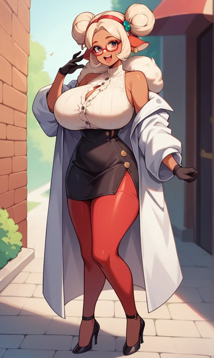 score_9, score_8_up, score_7_up, score_6_up, score_5_up, score_4_up, (source_anime), purah,
1girl,  huge breasts, narrow waist, thick thighs,  hair ornament, red headband, red glasses, sleeveless shirt, white coat, black skirt, red leggings, gloves, high heels, outdoors, happy,