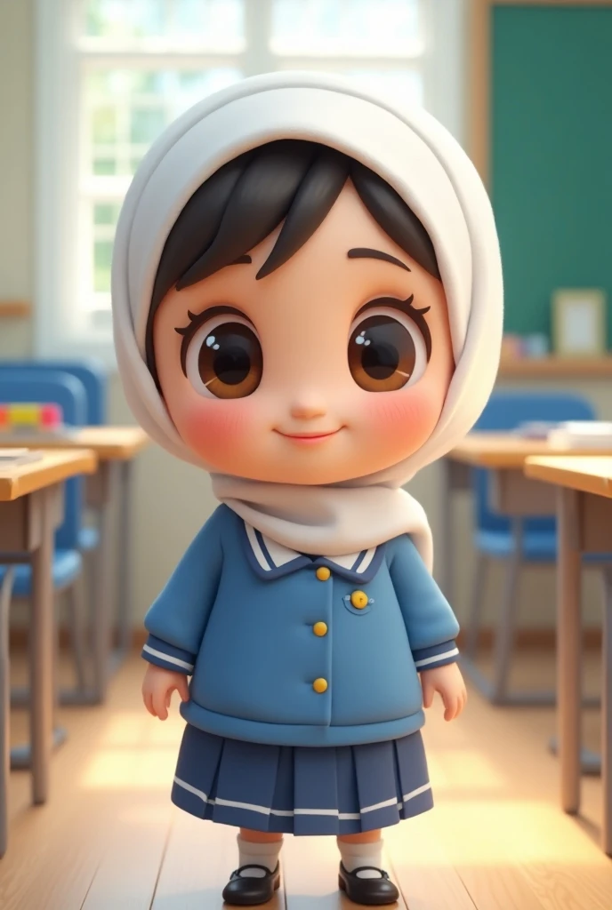 (masterpiece, best quality: 1.2), super detailed, 2D artwork, chibi, kawaii, cute, 1 girl wearing blue uniform, blue trousers, white hijab, white:1.2), ((school background)),, , HD, 4K, negativeXL_D