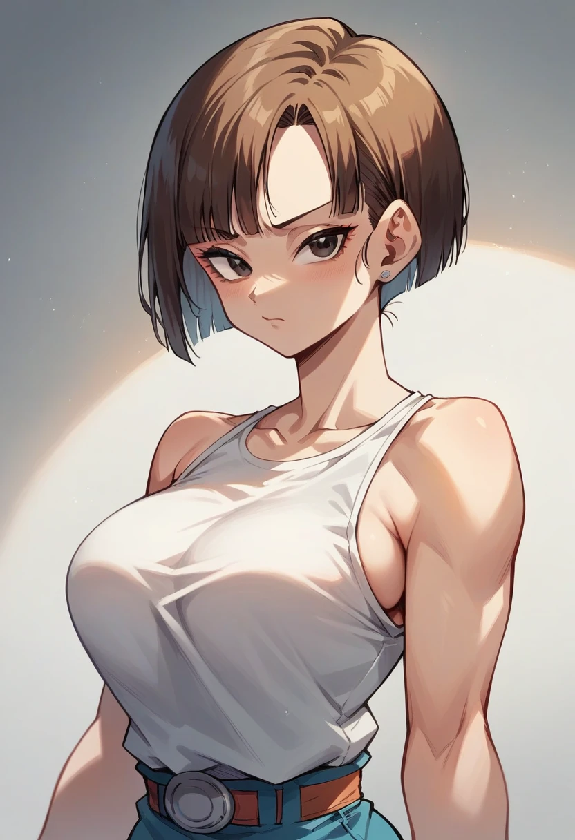  Drawing Style Yamamoto Dragon Ball R18  , A woman with short brown hair,  white sleeveless shirt low cut shirt big breasts,  short short well-shaped body High resolution , necessary,  masterpiece , 