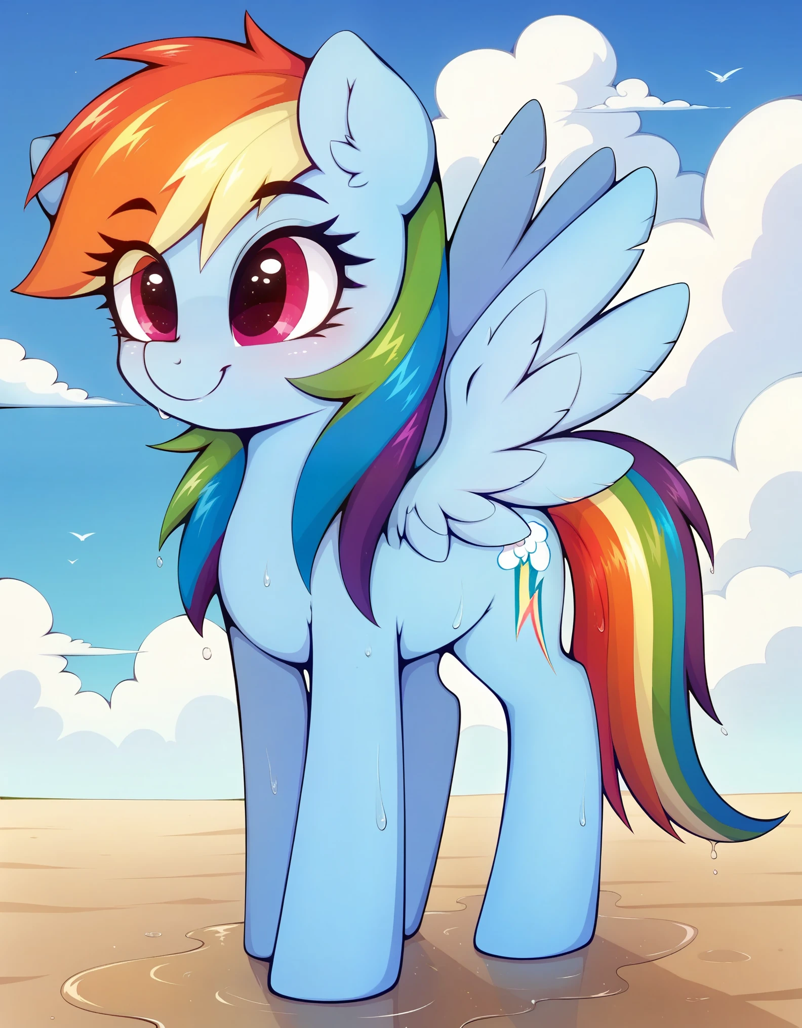 score_9, score_8_up, score_7_up, (masterpiece)), ((best quality), (high detailed), (beautiful), 1girl, feral, rainbow dash, smile, one character, mlp, pony, my little pony, horse, wet, all fours, (full body shoot), detailed hair, detailed fur, by hioshiru, by rattatatus78,,