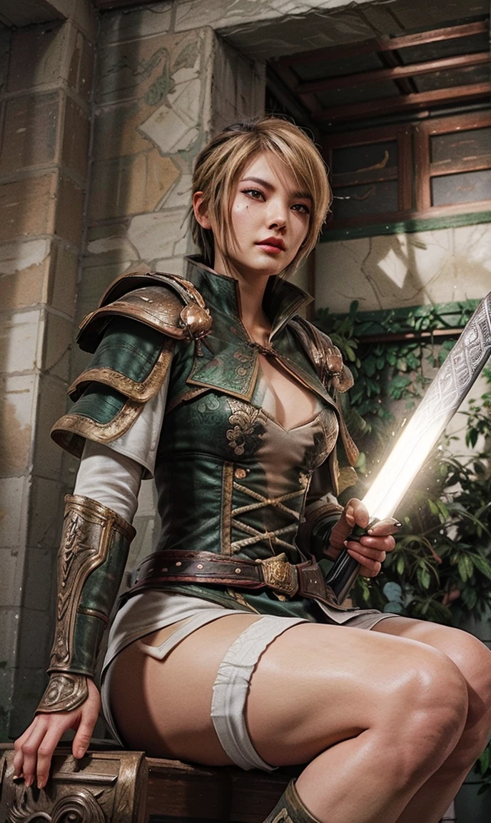 Best Quality, high resolution, shoot from below looking at viewer, a muscular mini giantess, fierce looks, evil smile, red eyes, her hair is blonde pixie short hair, fair light skin, full body pictures, perspective from below, whole picture, sitting cross legged on a throne, wearing cing cai armor, swordism, short sleeves armor, xing cai boots, holding sword, mini giantess xing cai, nice hands, perfect hands, 